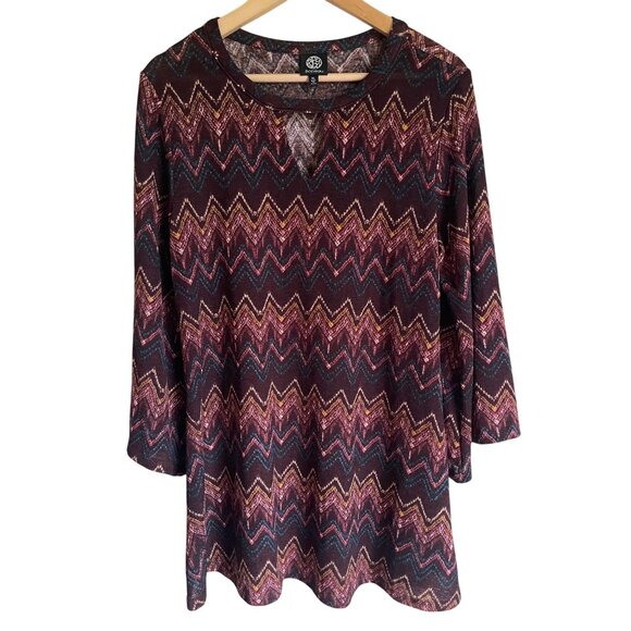 Bobeau Bell Sleeve Tunic Top Chevron Brown Purple Retro Mod Keyhole Neck Top Siz - Picture 1 of 6
